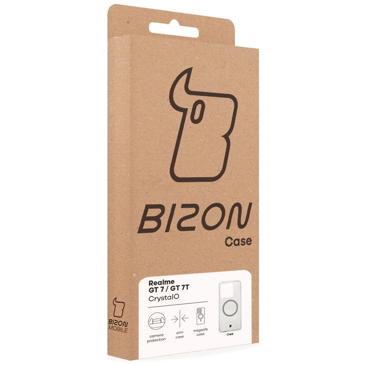 Przód pudełka Bizon Case z dedykowaną etykietą do Realme GT 7 / 7T